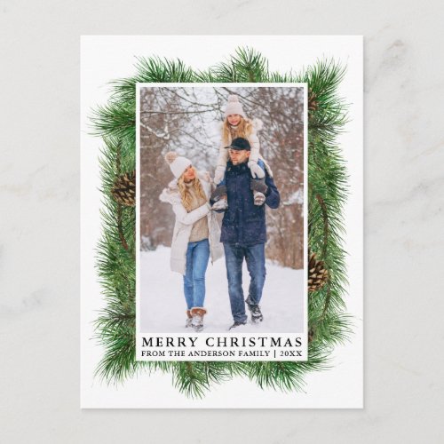 Watercolor Pine Frame Family Photo Holiday Postcard