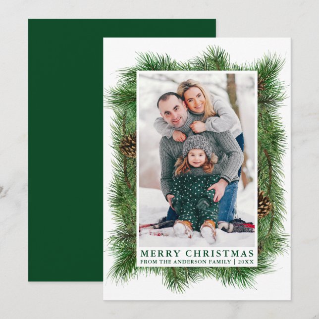 Watercolor Pine Frame Green Family Photo Holiday Card (Front/Back)