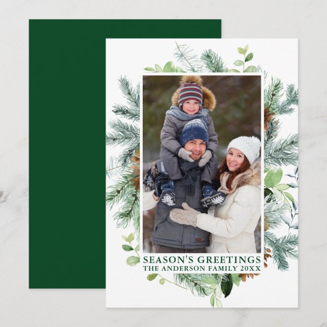 Watercolor Pine Frame Green Season's Greetings Holiday Card (Front/Back)