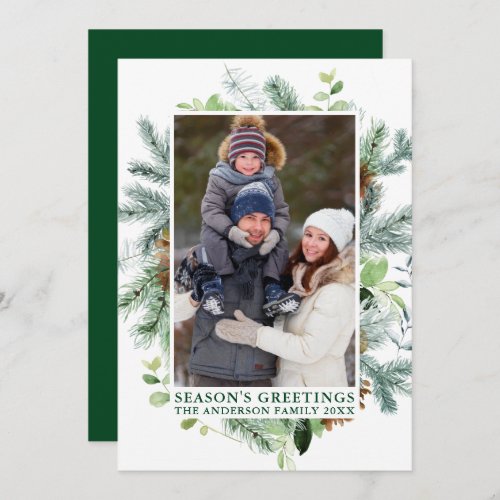 Watercolor Pine Frame Green Seasons Greetings Holiday Card