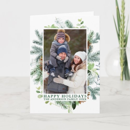Watercolor Pine Frame Happy Holidays Green Folded Holiday Card