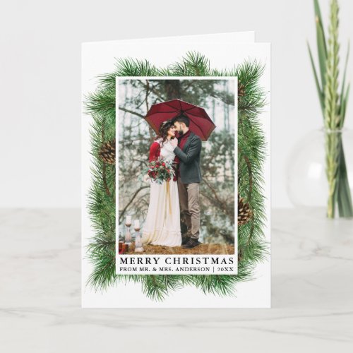 Watercolor Pine Frame Wedding Photo Fold Holiday Card