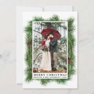 Watercolor Pine Frame Wedding Photo Holiday Card