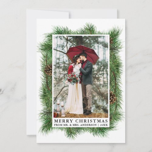 Watercolor Pine Frame Wedding Photo Holiday Card