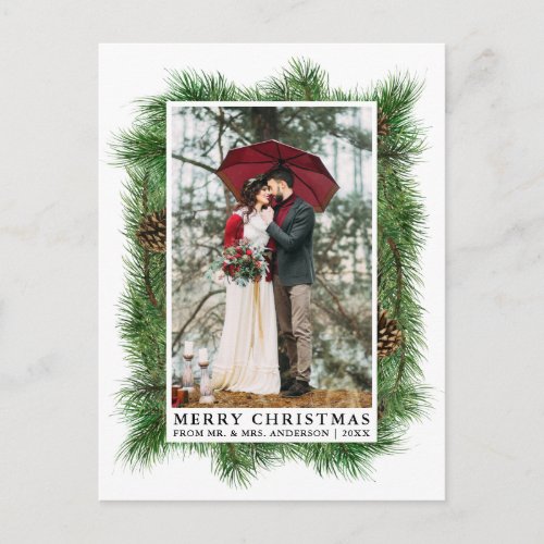 Watercolor Pine Frame Wedding Photo Holiday Postcard