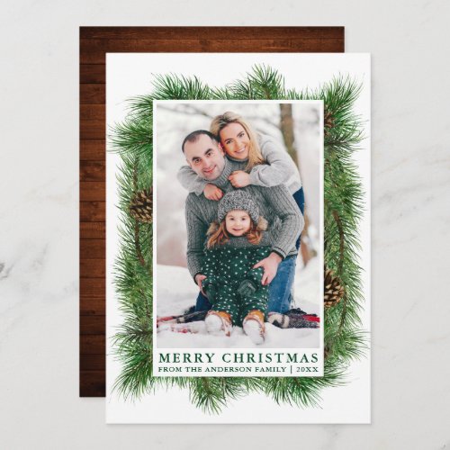 Watercolor Pine Frame Wood Green Family Photo Holiday Card