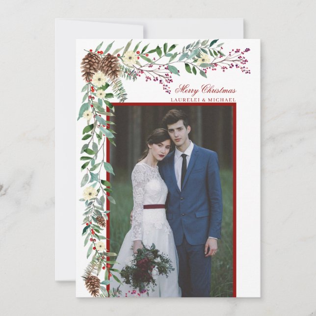 Watercolor Pine Garland Christmas Photo Holiday Card (Front)