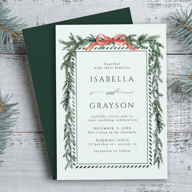 Watercolor Pine Garland Mint Green Wedding Invitation (Creator Uploaded)