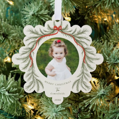 Watercolor Pine Garland Red Bow Photo Ornament Card