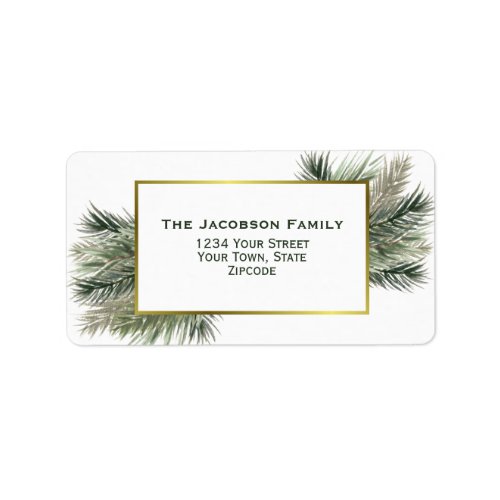 Watercolor Pine Gold Frame Holiday Return Address Label