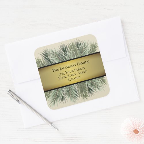 Watercolor Pine  Gold Ribbon Holiday Address Square Sticker