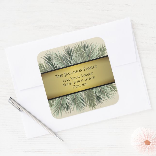 Watercolor Pine & Gold Ribbon Holiday Address Square Sticker (Envelope)