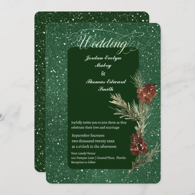Watercolor PINE Green Modern Wedding 2 Invitation (Front/Back)