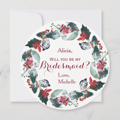 Watercolor pine green red peony wreath bridesmaid invitation