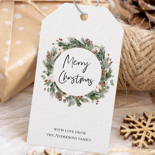 Watercolor Pine Green Wreath Merry Christmas Gift Tags