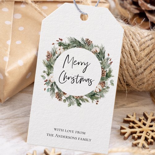 Watercolor Pine Green Wreath Merry Christmas Gift Tags
