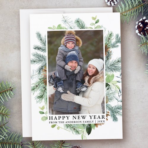 Watercolor Pine Greenery Happy New Year Photo Holiday Card