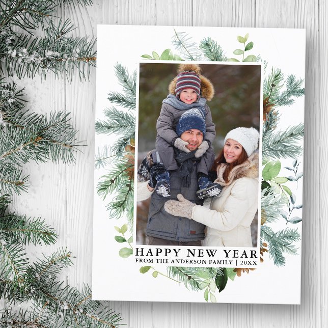 Watercolor Pine Greenery Happy New Year Photo Postcard (Customize to change text size or text style.)