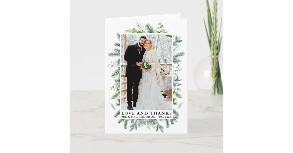 Watercolor Pine Greenery Love Thanks Wedding Fold Thank You Card | Zazzle