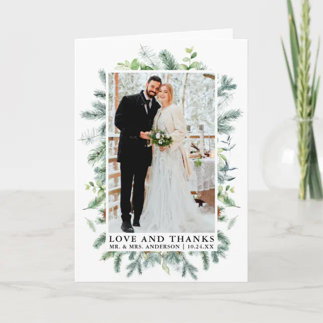 Watercolor Pine Greenery Love Thanks Wedding Fold Thank You Card | Zazzle