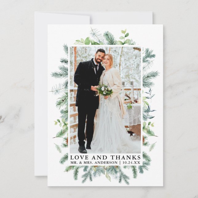 Watercolor Pine Greenery Love Thanks Wedding Thank You Card (Front)