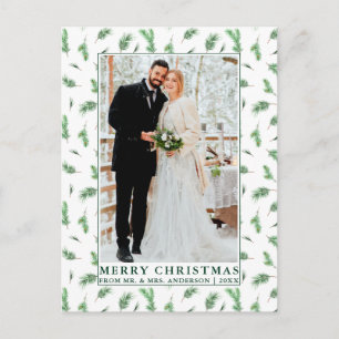 Watercolor Pine Greenery Newlywed Christmas Postcard