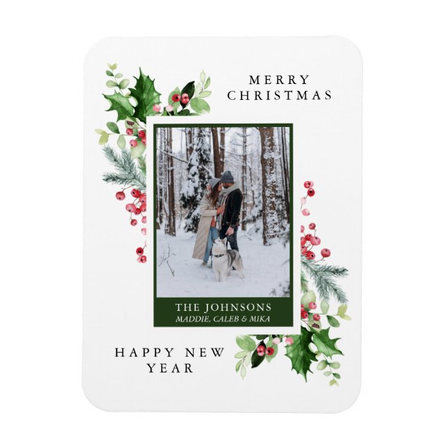 Watercolor Pine Holly Berries Photo Christmas Card Magnet (Vertical)