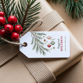 Watercolor Pine Leaves & Festive Baubles Holiday Gift Tags