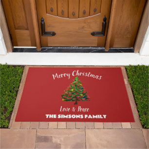 Watercolor Pine Merry Christmas Tree Doormat