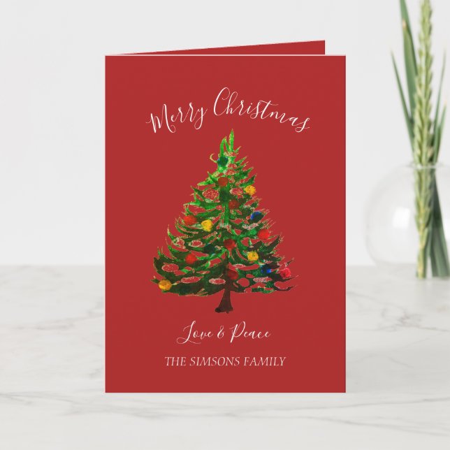 Watercolor Pine Merry Christmas Tree  Holiday Card (Front)