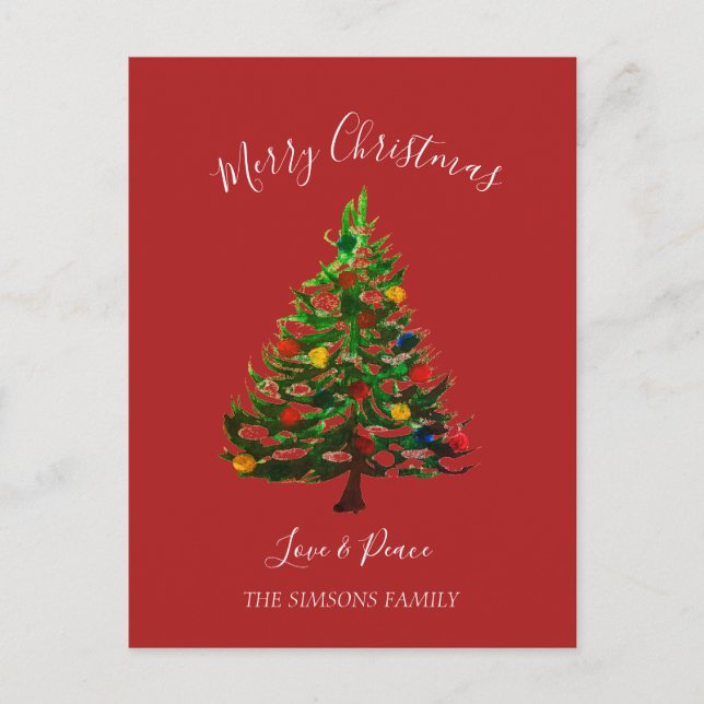Watercolor Pine Merry Christmas Tree  Holiday Postcard (Front)