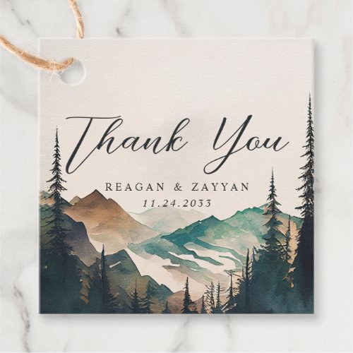 Watercolor Pine Mountain Forest Wedding Thank You Favor Tags