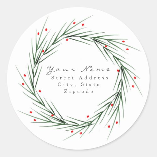 Watercolor Pine Needle and Berries Wreath Classic Round Sticker