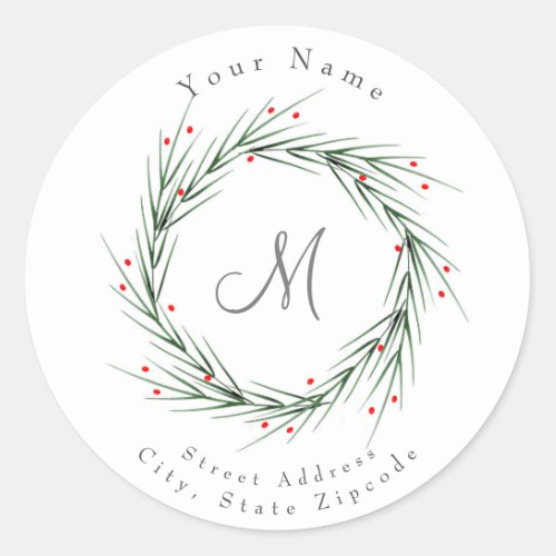 Watercolor Pine Needles and Berries Wreath Classic Round Sticker