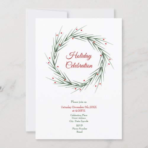 Watercolor Pine Needles and Berries Wreath Invitation