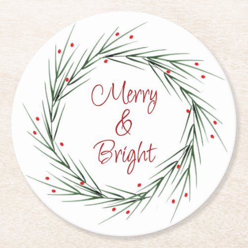 Watercolor Pine Needles and Berries Wreath  Round Round Paper Coaster