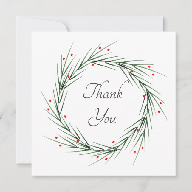 Watercolor Pine Needles and Berries Wreath Thank You Card (Front)