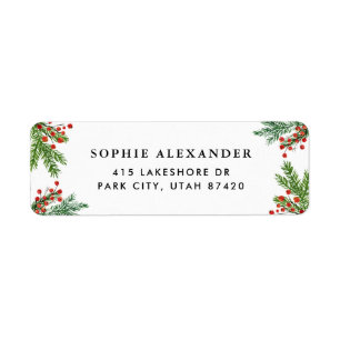 Watercolor Pine Needles and Holly Borders Holiday Label