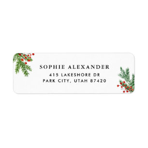 Watercolor Pine Needles and Holly Holiday Address Label