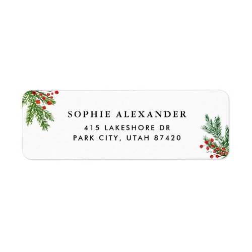 Watercolor Pine Needles and Holly Holiday Address Label
