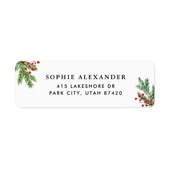 Watercolor Pine Needles and Holly Holiday Address Label (Front)