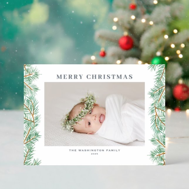 Watercolor Pine Needles Garland Merry Christmas Letterpress Photo Cards (Front (Into))