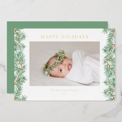 Watercolor Pine Needles Garland Photo Foil Holiday Card