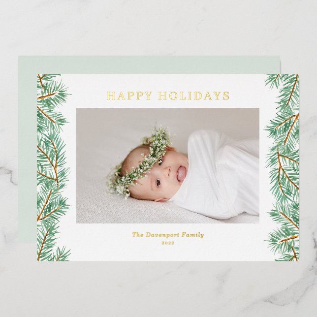 Watercolor Pine Needles Garland Photo Foil Holiday Card (Front/Back)