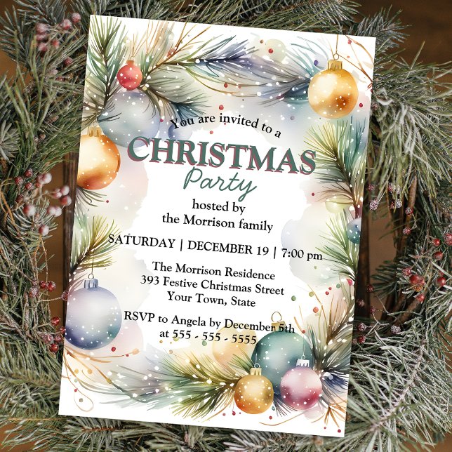 Watercolor Pine Ornament Christmas Holiday Party Invitation (Creator Uploaded)