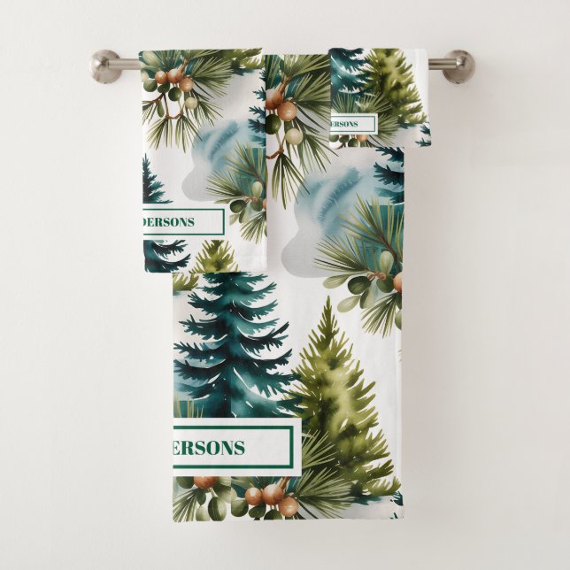 Watercolor Pine Pattern Elegant Winter Bath Towel Set (Insitu)