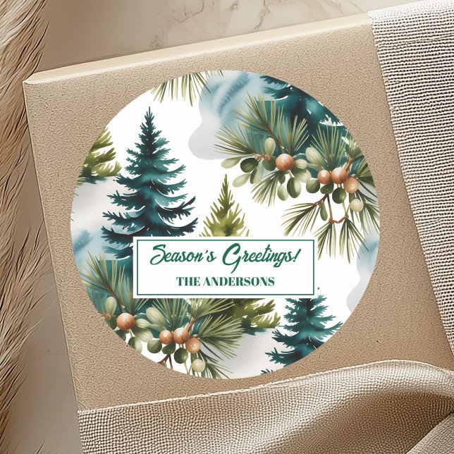 Watercolor Pine Pattern Elegant Winter  Classic Round Sticker (Creator Uploaded)