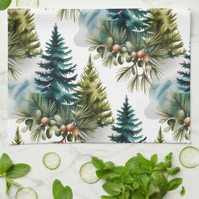 Watercolor Pine Pattern Elegant Winter Kitchen Towel (Folded)