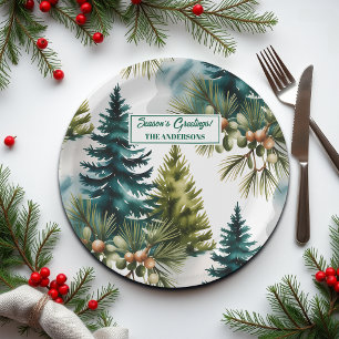 Watercolor Pine Pattern Elegant Winter  Paper Plates