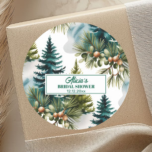 Watercolor Pine Pattern Winter Bridal Shower Classic Round Sticker